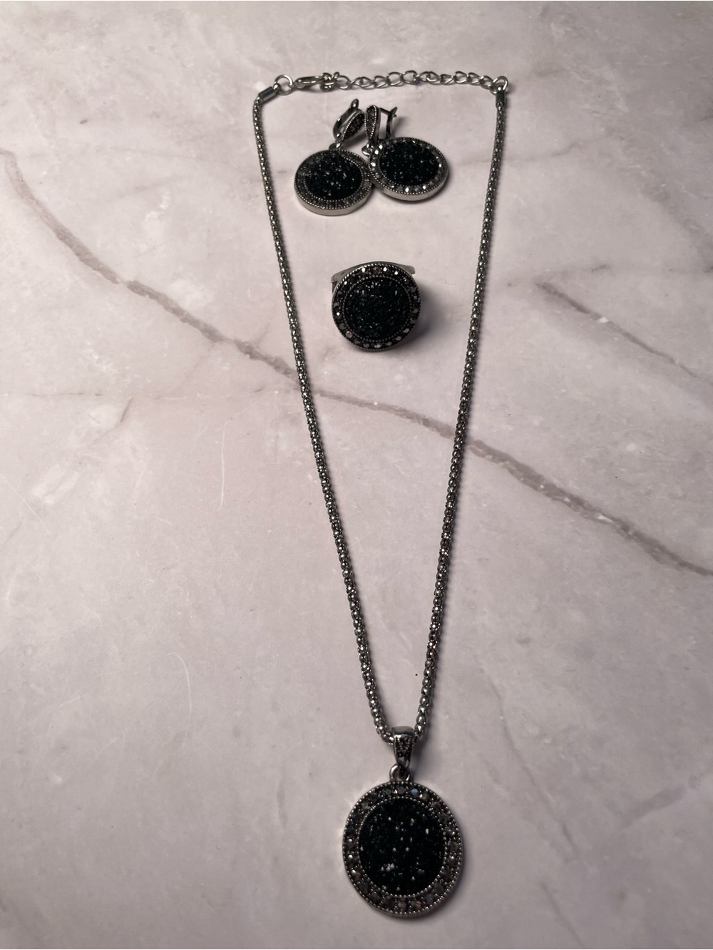 Vintage-Style 4-Piece Black Druzy & Rhinestone Jewelry Set Whimsigoth Goth